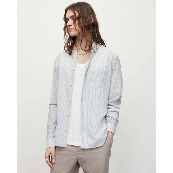 Allsaints Australia Mens Formentera Striped Shirt Light Grey AU61-946